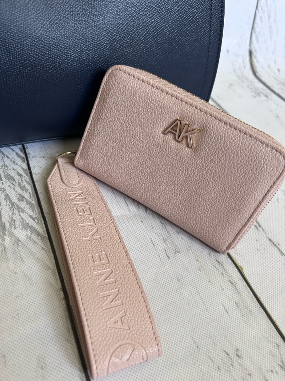 Anne Klein Navy Satchel Purse + Blush Pink Wallet & Scarf Accent Bundle - Picture 3 of 13